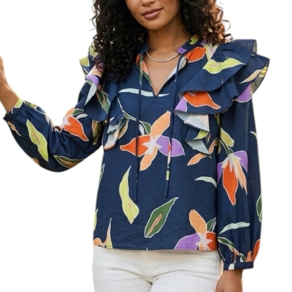CROSBY Mollie Burch Top sz XS Blue Tropical Floral Business Casual Romantic Chic